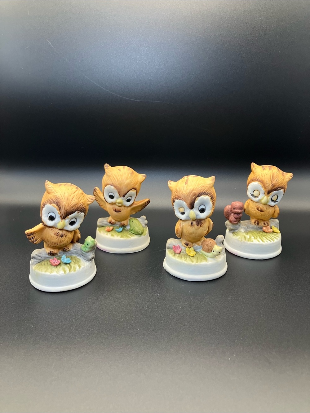 Vintage NapcowareSet of 4 Ceramic Owl Figurines - Brown Owls with Pastel Accents